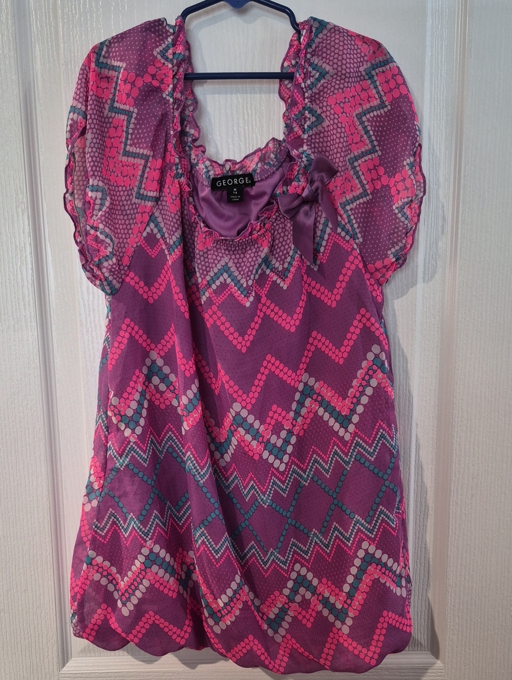 George Pink & Purple Zigzag Puff-Sleeve Blouse with Bow